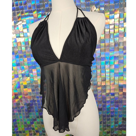 SHEIN Black Mesh Halter Top Handkerchief Hem XL US 12 Rave Clubwear - Picture 2 of 7